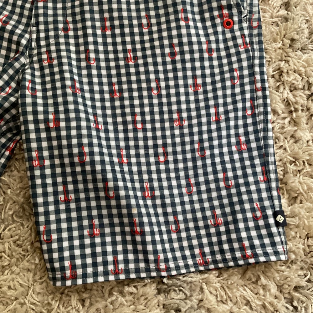 Sperry Mens Navy Gingham Fishing Hook Embroidered Performance Shorts Size 32 - Picture 3 of 10